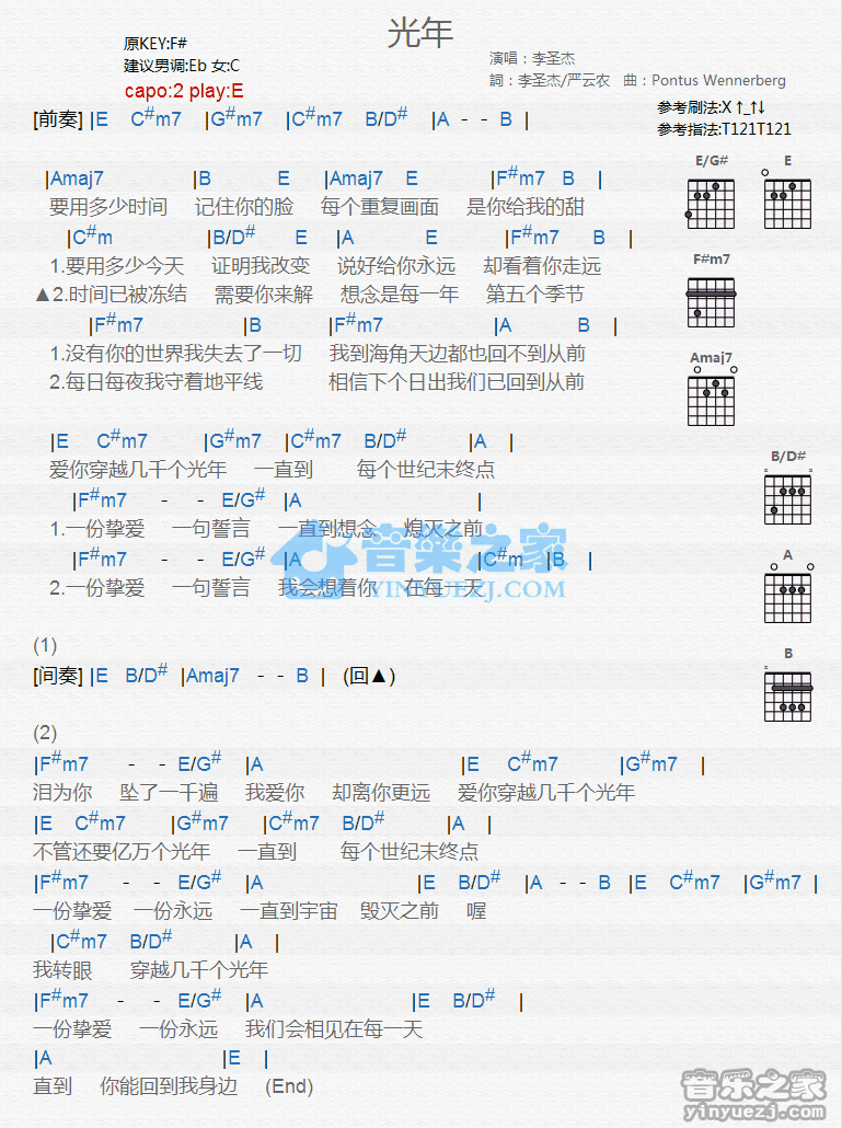 《光年吉他谱》_李圣杰_E调_吉他图片谱1张 图1