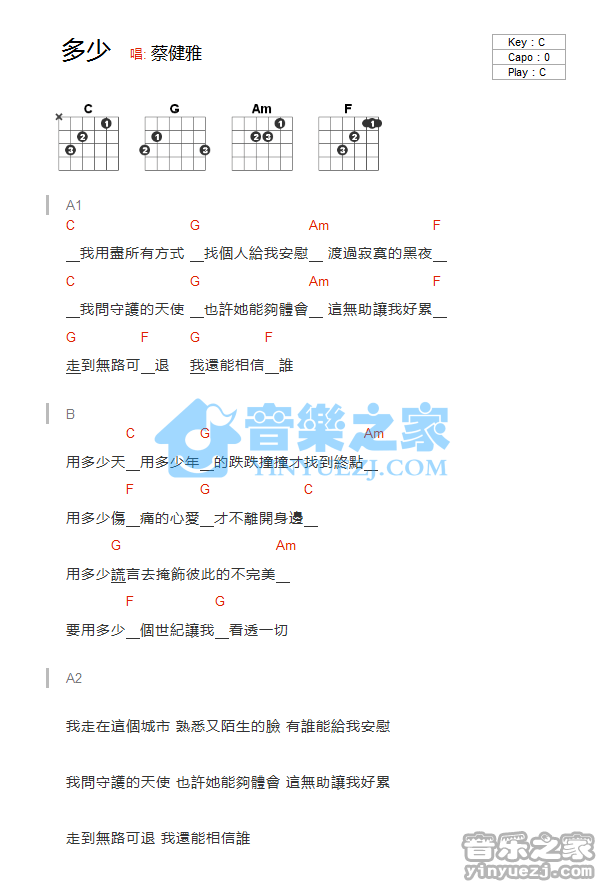 《多少吉他谱》_蔡健雅_C调_吉他图片谱1张 图1