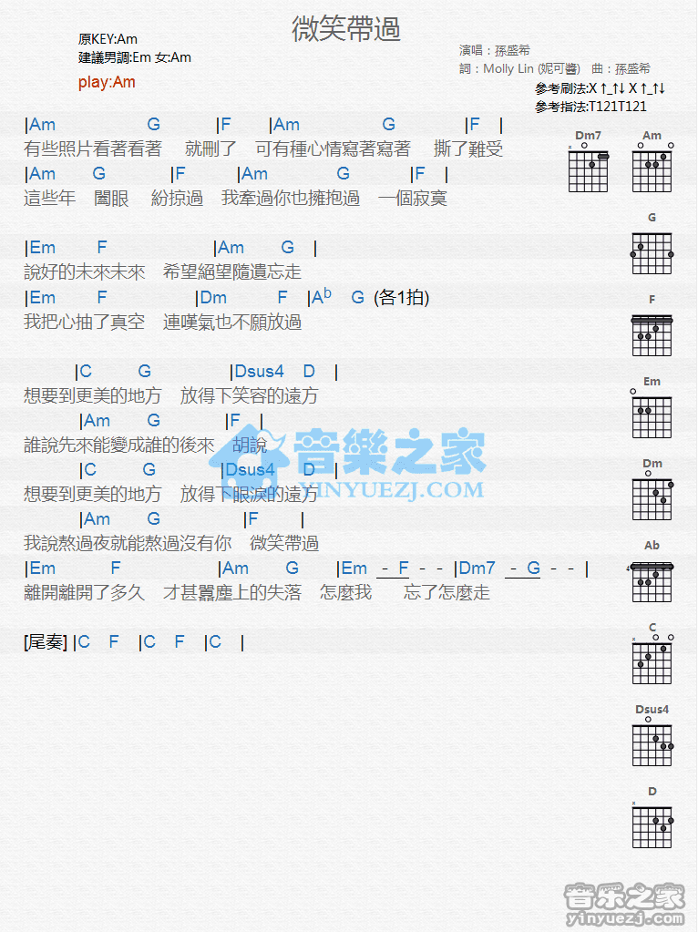 《微笑带过吉他谱》_孙盛希_C调_吉他图片谱1张 图1