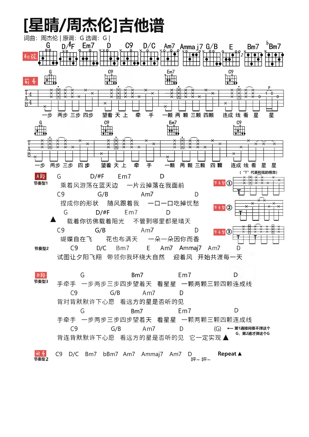 《星晴吉他谱》_周杰伦_G调_吉他图片谱1张 图1