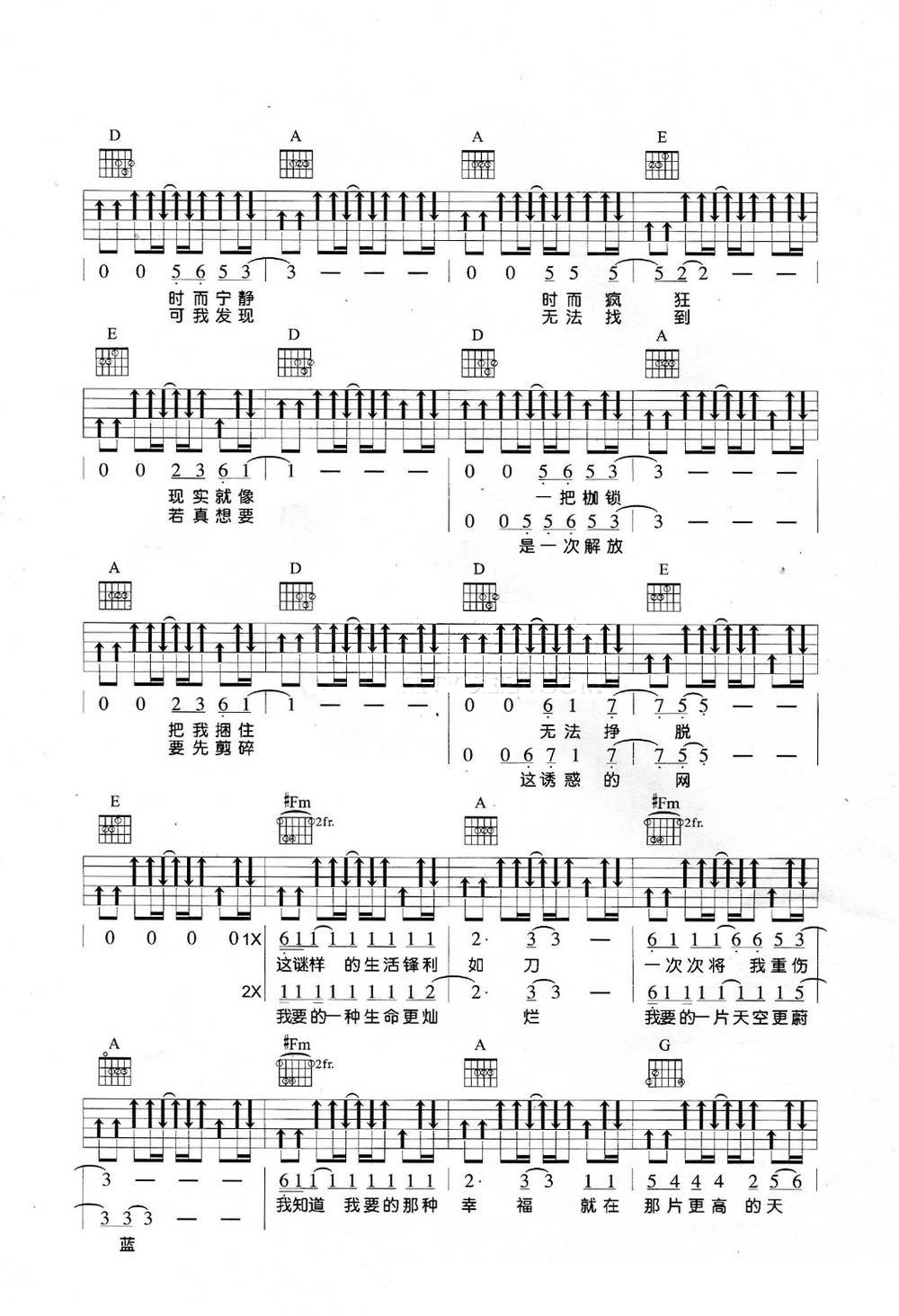 《飞得更高吉他谱》_汪峰_A调_吉他图片谱2张 图2