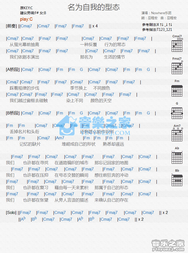 《名为自我的型态吉他谱》_Nowhere乐团_C调_吉他图片谱1张 图1