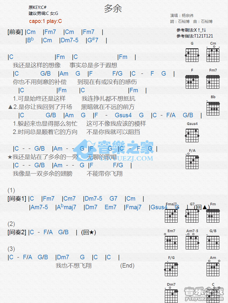 《多余吉他谱》_杨宗纬_C调_吉他图片谱1张 图1