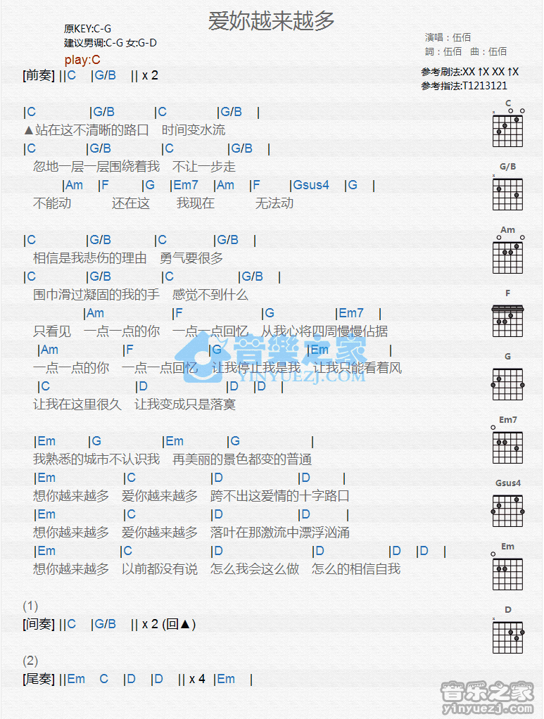 《爱你越来越多吉他谱》_伍佰_C调_吉他图片谱1张 图1