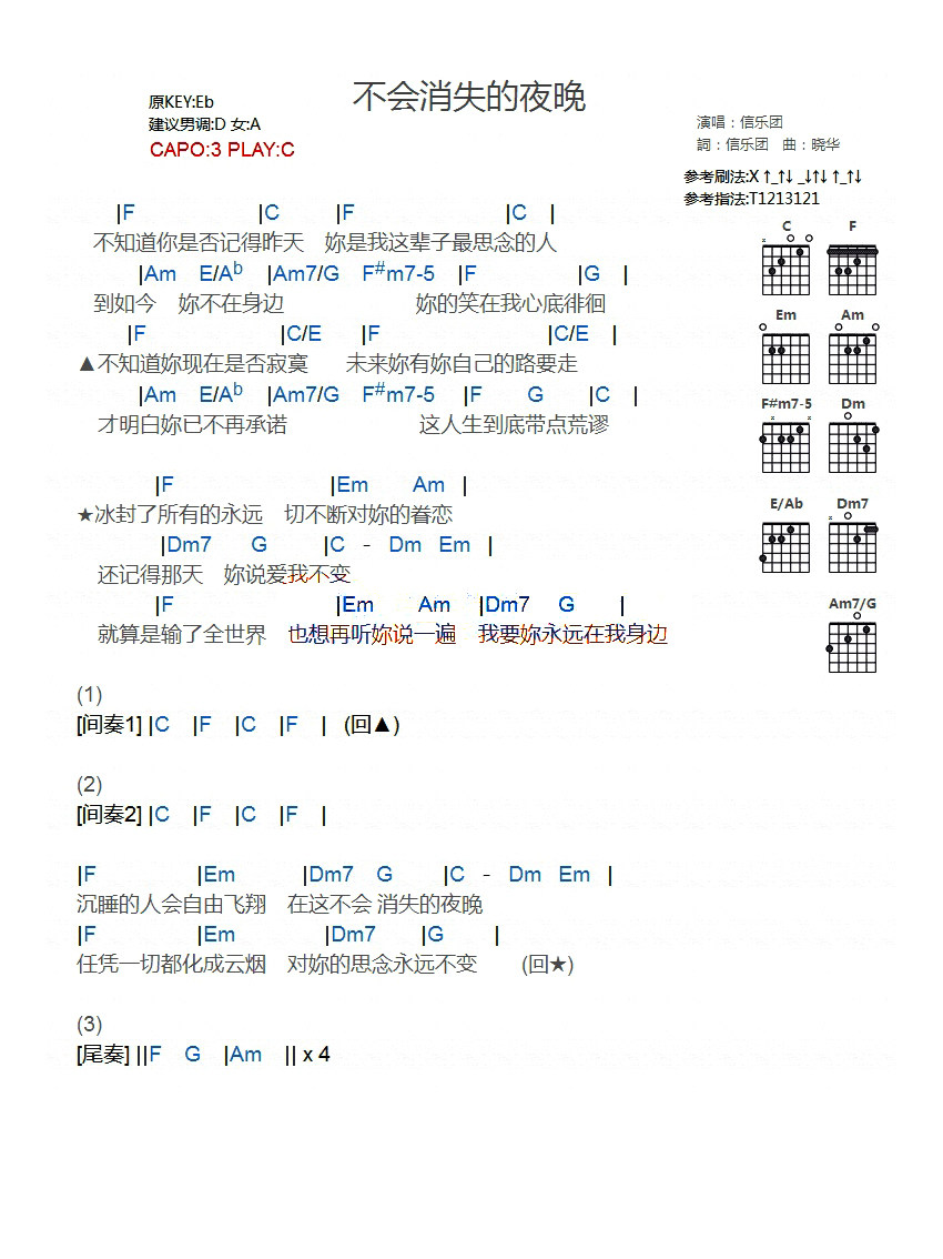 《不会消失的夜晚吉他谱》_信乐团_C调_吉他图片谱1张 图1