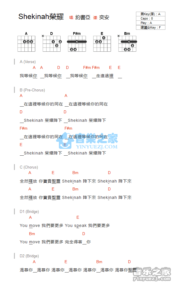《Shekinah荣耀吉他谱》_约书亚_A调_吉他图片谱1张 图1