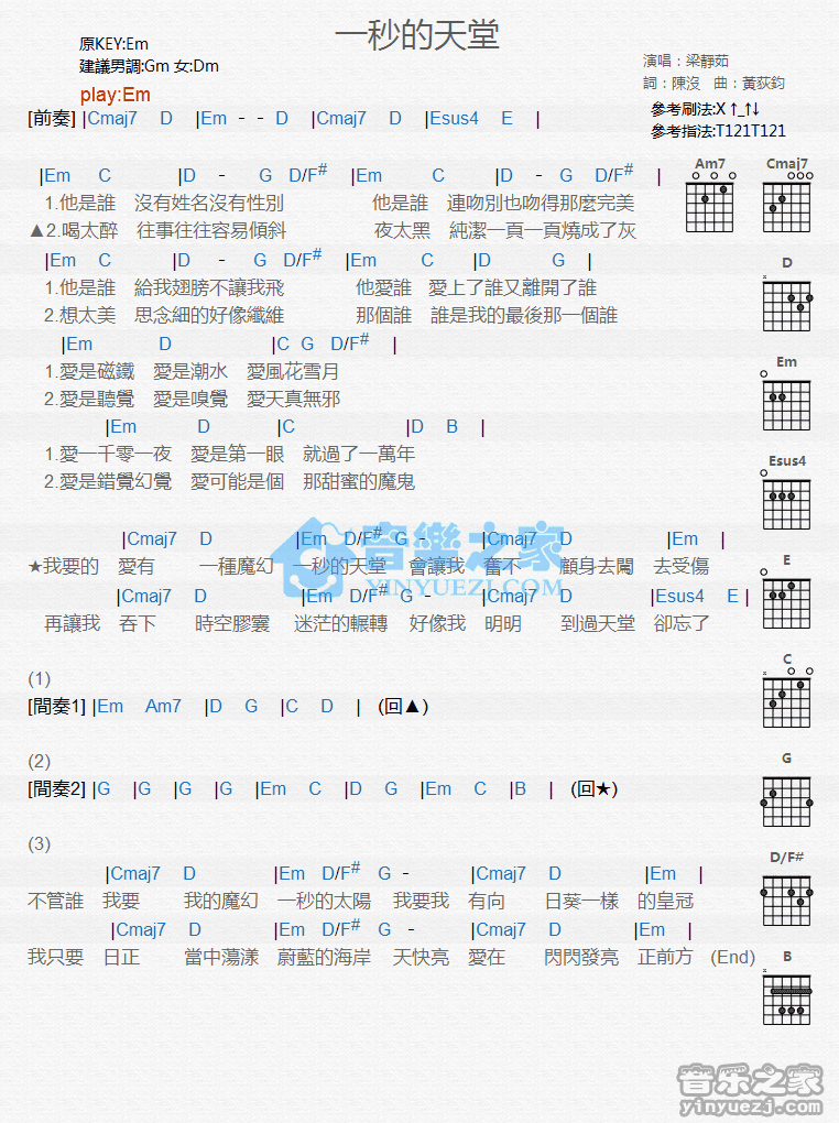 《一秒的天堂吉他谱》_梁静茹_G调_吉他图片谱1张 图1