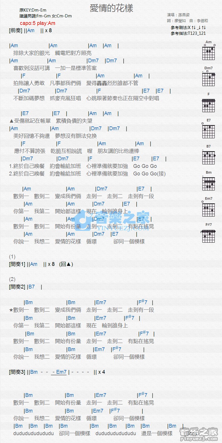 《爱情的花样吉他谱》_孙燕姿_C调_吉他图片谱1张 图1