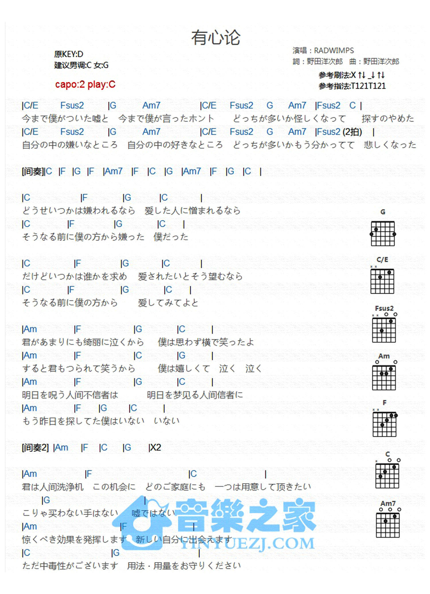 《有心论吉他谱》_RADWIMPS_C调_吉他图片谱2张 图1