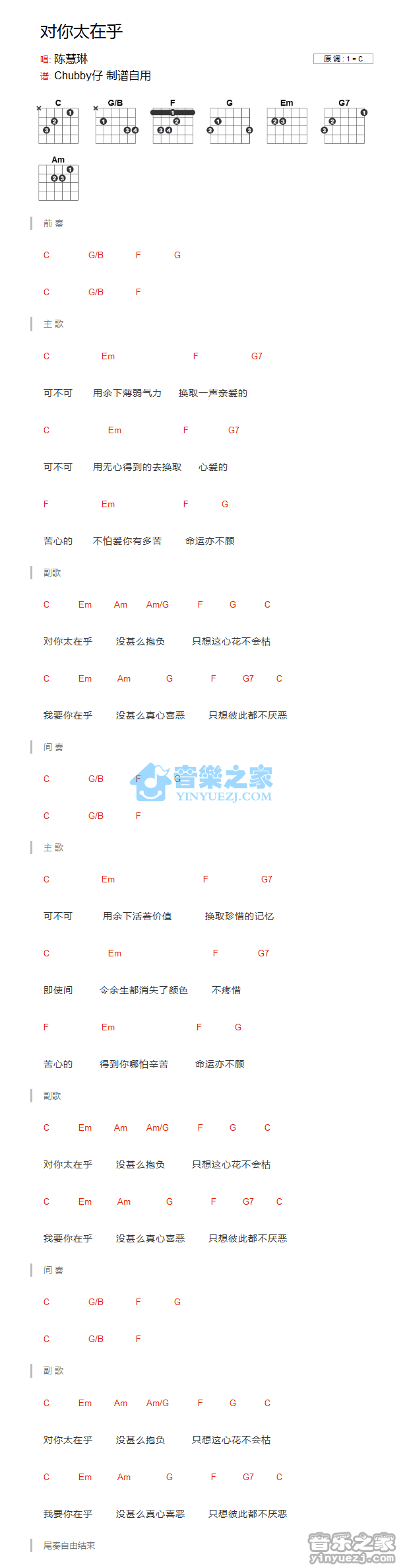 《对你太在乎吉他谱》_陈慧琳_C调_吉他图片谱1张 图1