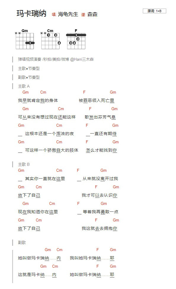《玛卡瑞纳吉他谱》_海龟先生_B调_吉他图片谱1张 图1
