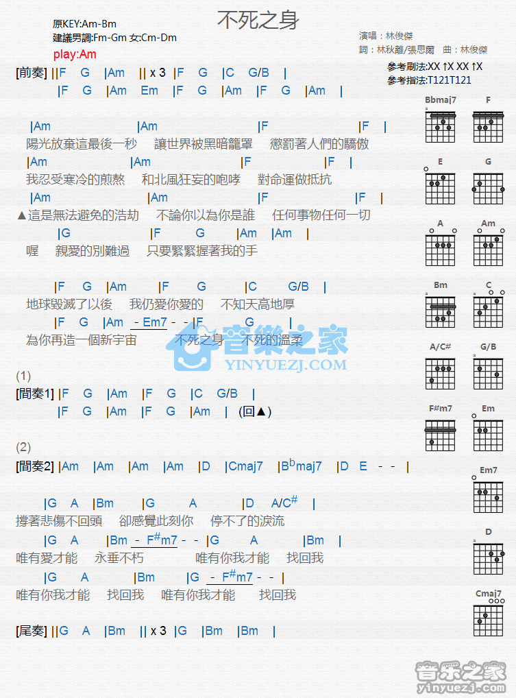 《不死之身吉他谱》_林俊杰_C调_吉他图片谱1张 图1