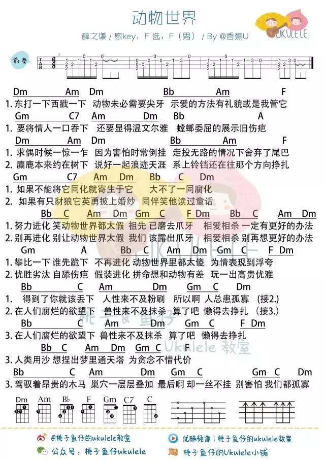 《动物世界吉他谱》_薛之谦_F调_吉他图片谱1张 图1