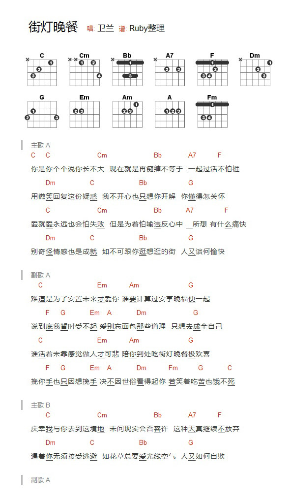 《街灯晚餐吉他谱》_卫兰_C调_吉他图片谱1张 图1