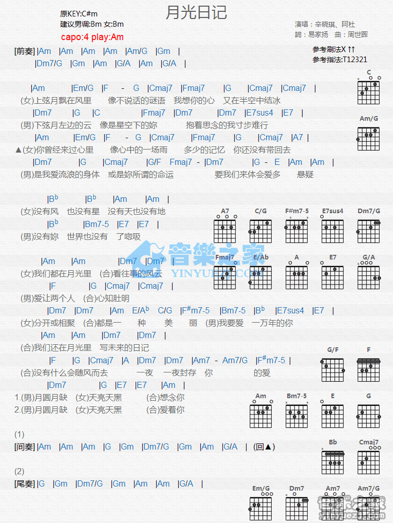 《月光日记吉他谱》_辛晓琪/阿杜_C调_吉他图片谱1张 图1