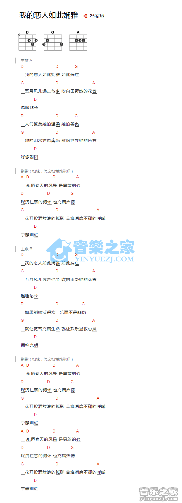 《我的恋人如此娴雅吉他谱》_冯家界_D调_吉他图片谱1张 图1