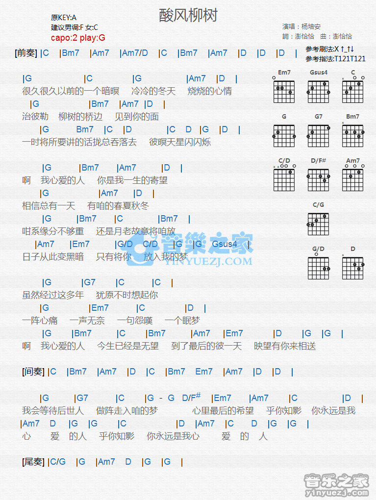 《酸风柳树吉他谱》_杨培安_G调_吉他图片谱1张 图1