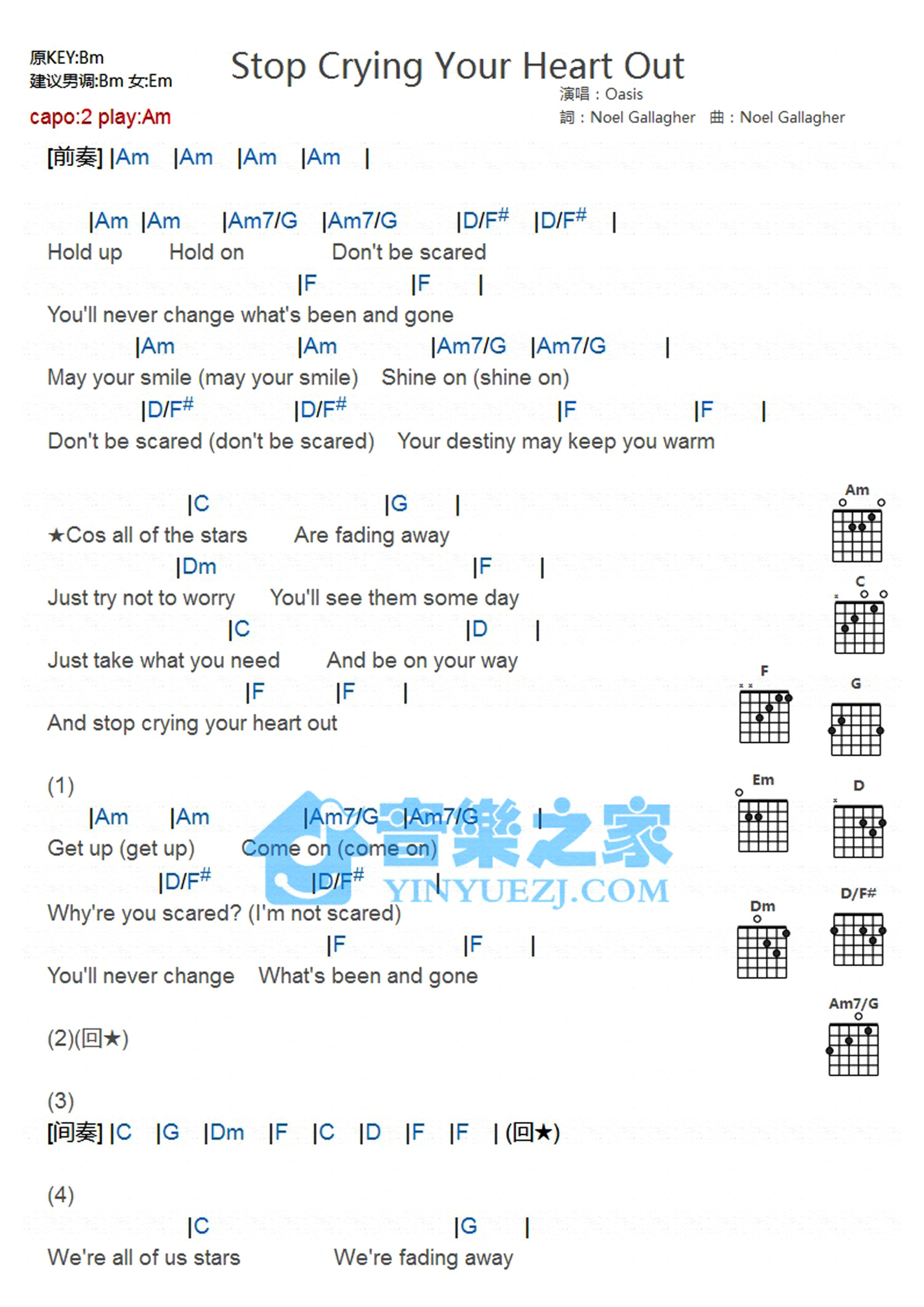 《Stop Crying Your Heart Out吉他谱》_Oasis_C调_吉他图片谱2张 图1