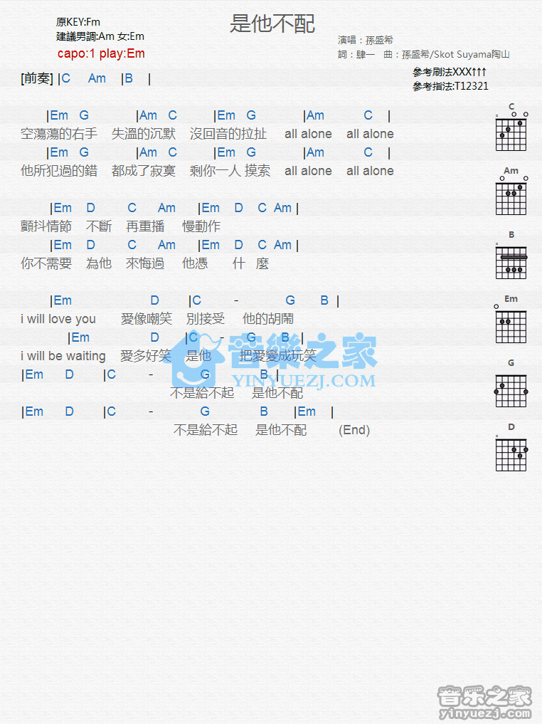 《是他不配吉他谱》_孙盛希_G调_吉他图片谱1张 图1