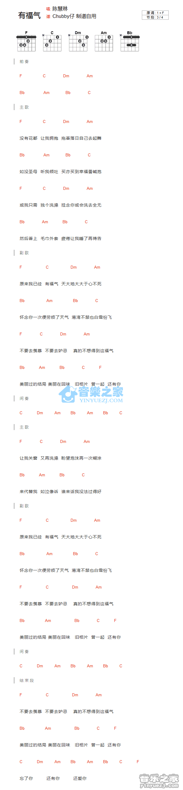 《有福气吉他谱》_陈慧琳_F调_吉他图片谱1张 图1