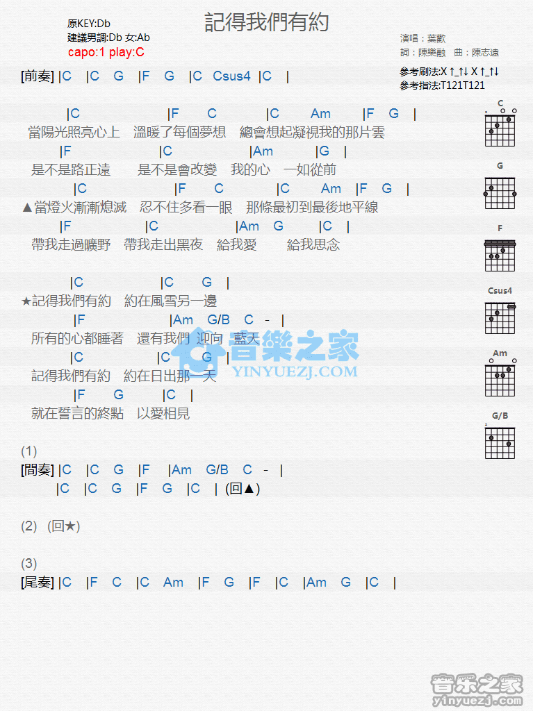 《记得我们有约吉他谱》_叶欢_C调_吉他图片谱1张 图1