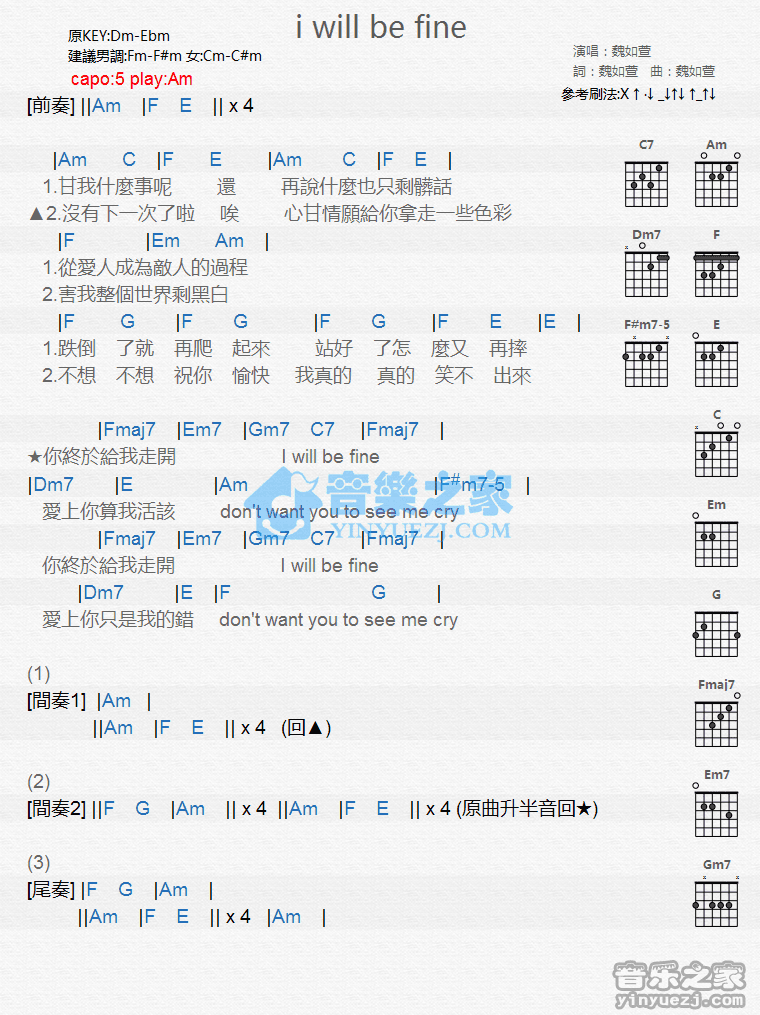 《I Will Be Fine吉他谱》_魏如萱_C调_吉他图片谱1张 图1