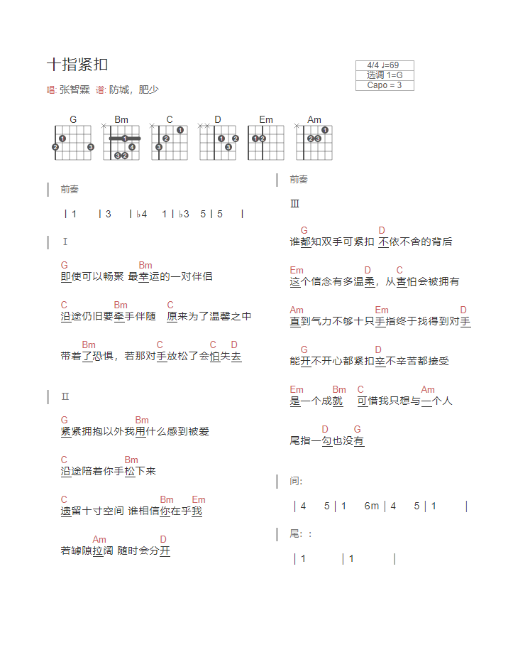 《十指紧扣吉他谱》_张智霖_G调_吉他图片谱1张 图1