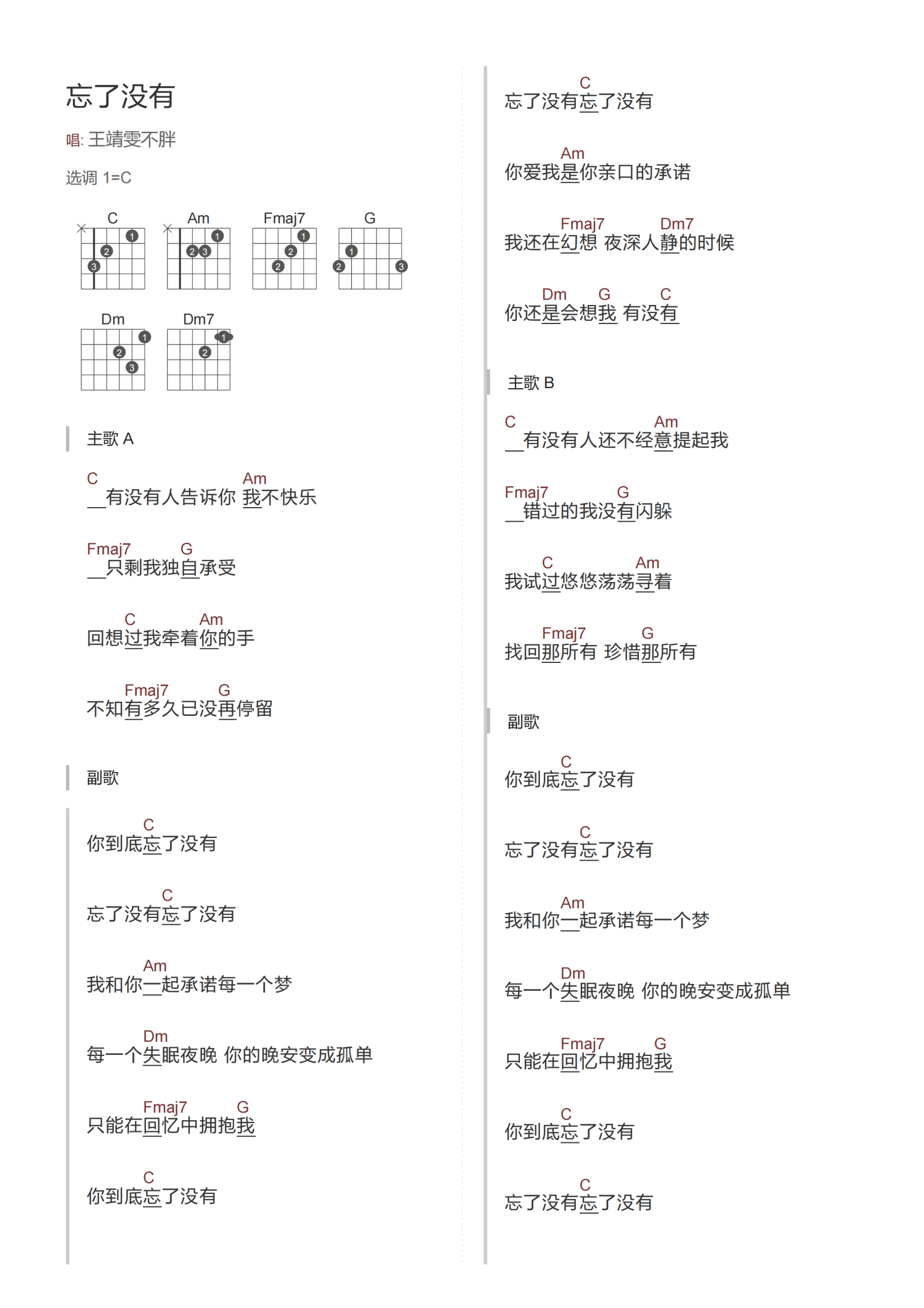 《忘了没有吉他谱》_王靖雯不胖_C调_吉他图片谱2张 图1