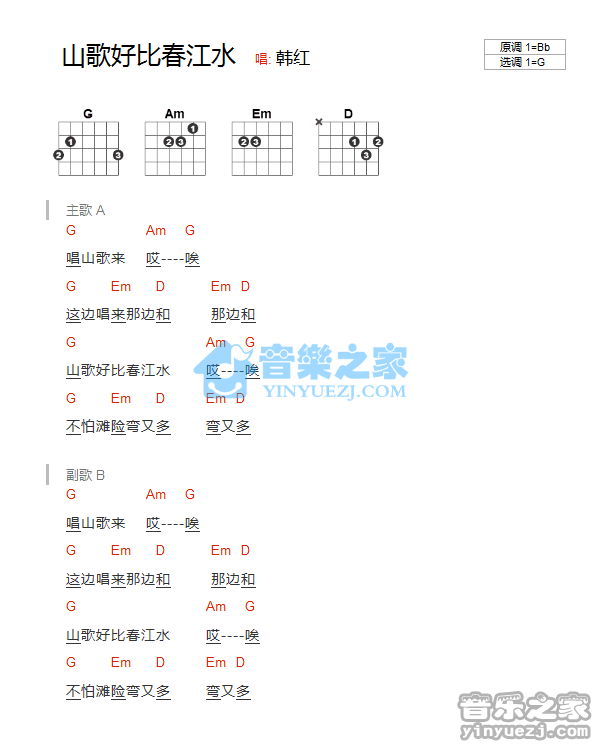 《山歌好比春江水吉他谱》_韩红_G调_吉他图片谱1张 图1