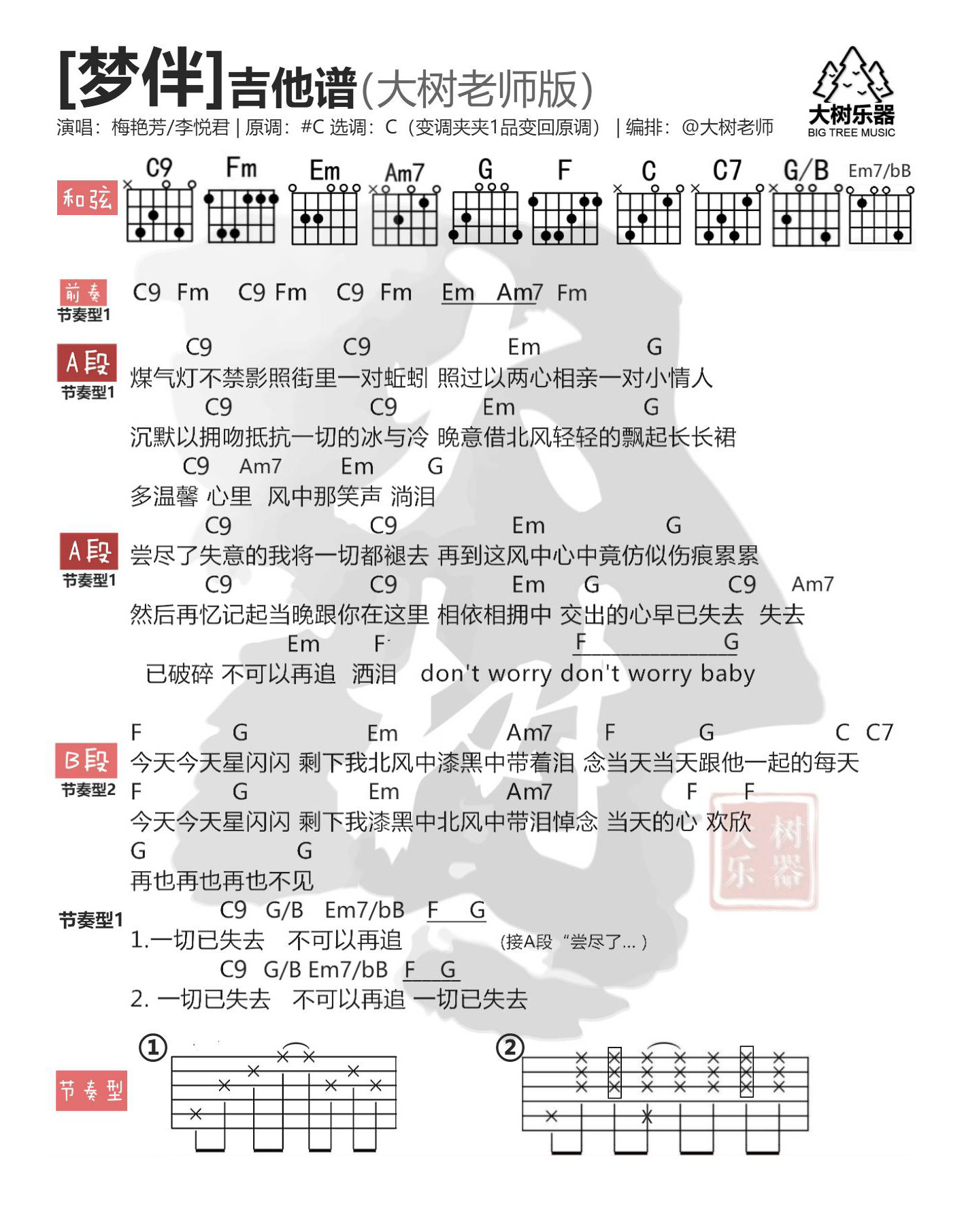 《梦伴吉他谱》_梅艳芳_C调_吉他图片谱1张 图1