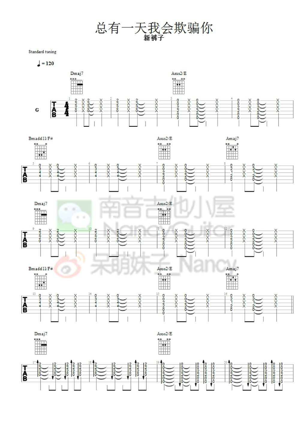 《总有一天我会欺骗你吉他谱》_新裤子_未知调_吉他图片谱2张 图1