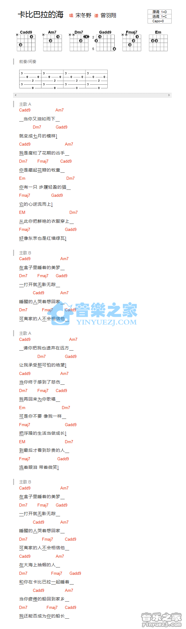 《卡比巴拉的海吉他谱》_宋冬野_C调_吉他图片谱1张 图1