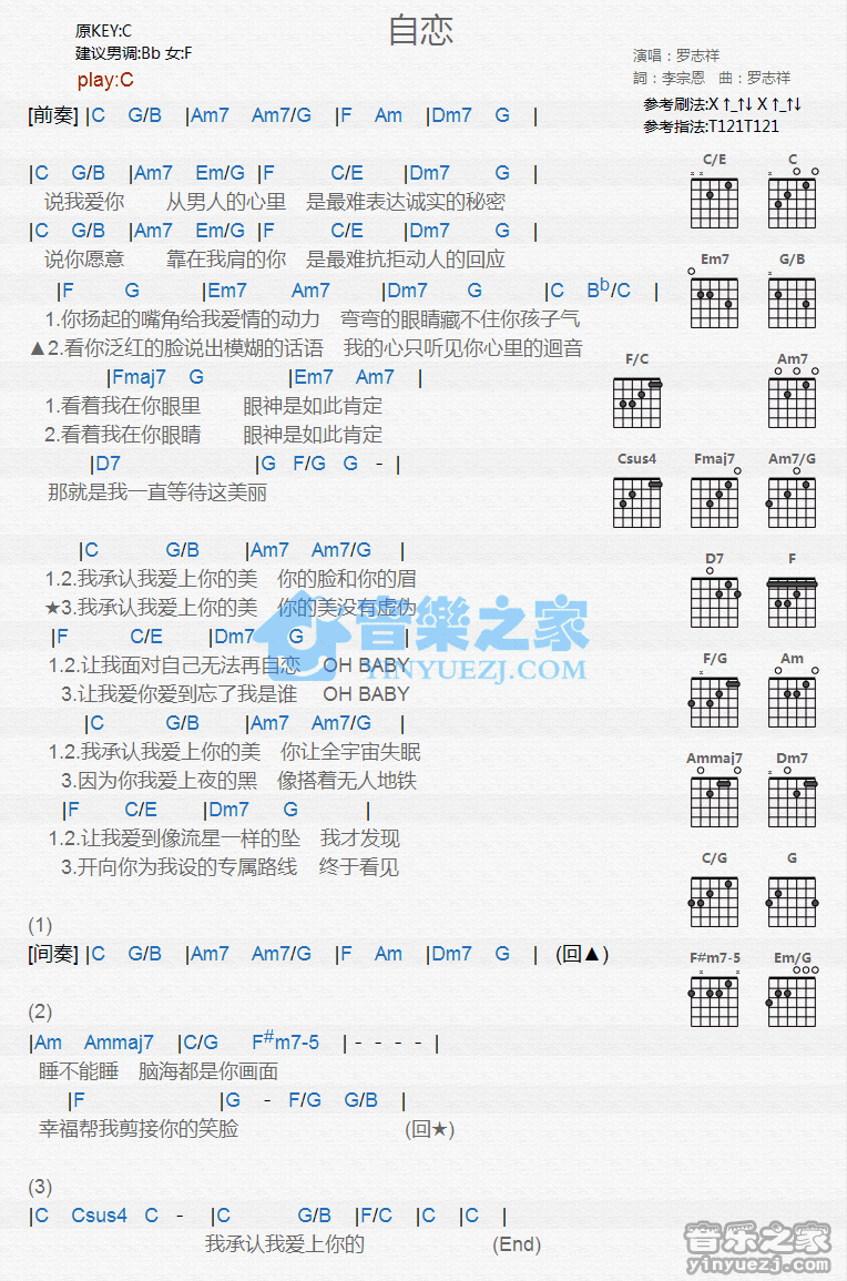 《自恋吉他谱》_罗志祥_C调_吉他图片谱1张 图1