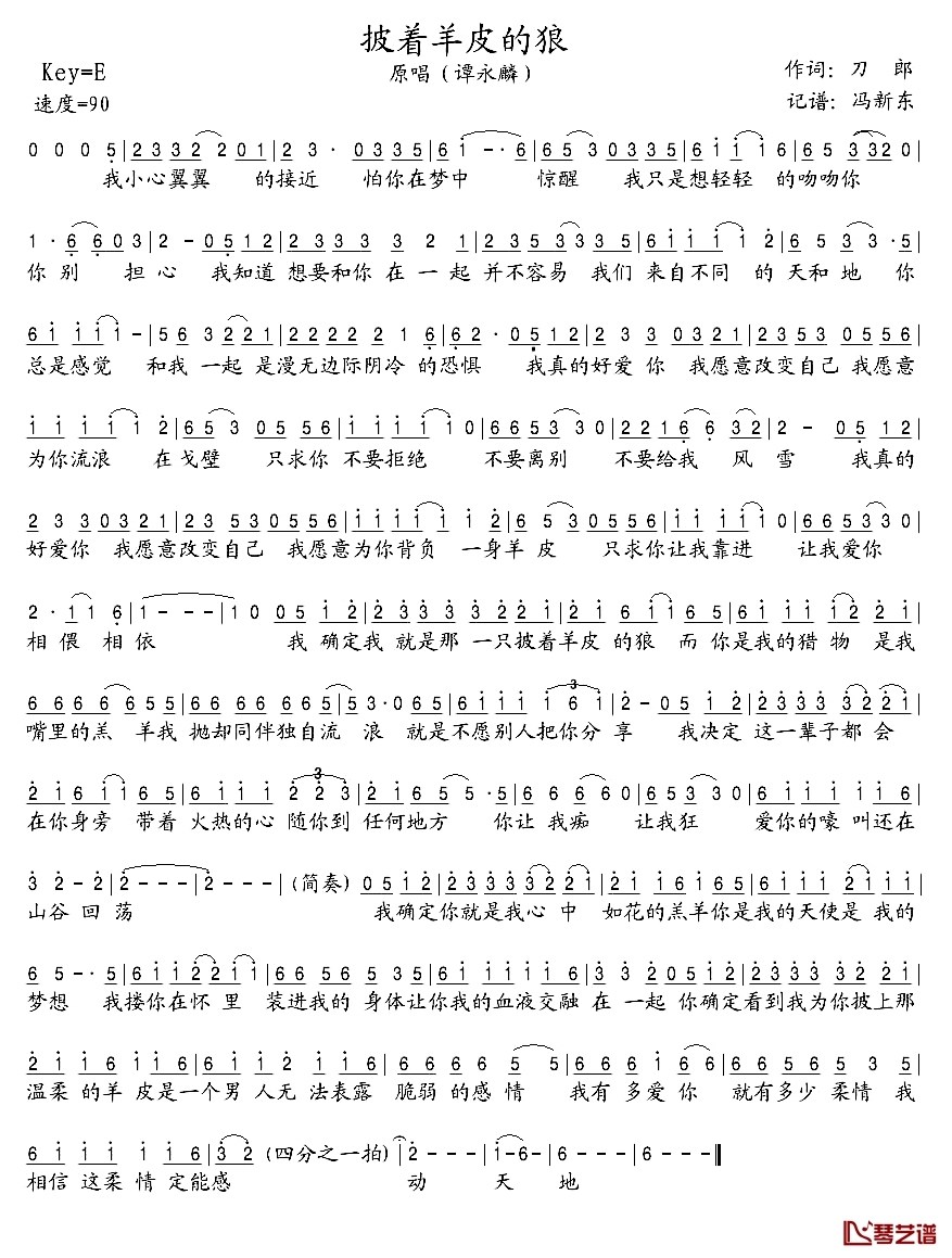 《披着羊皮的狼吉他谱》_谭咏麟_未知调_吉他图片谱1张 图1