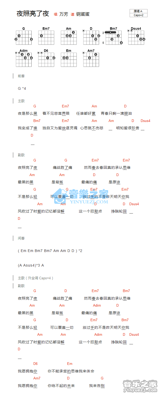《夜照亮了夜吉他谱》_万芳_G调_吉他图片谱1张 图1