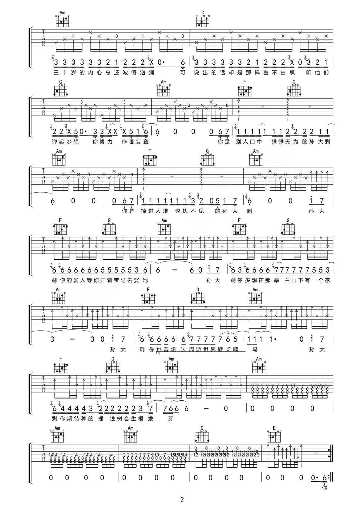 《孙大剩吉他谱》_白亮 / 赵静_C调_吉他图片谱2张 图2