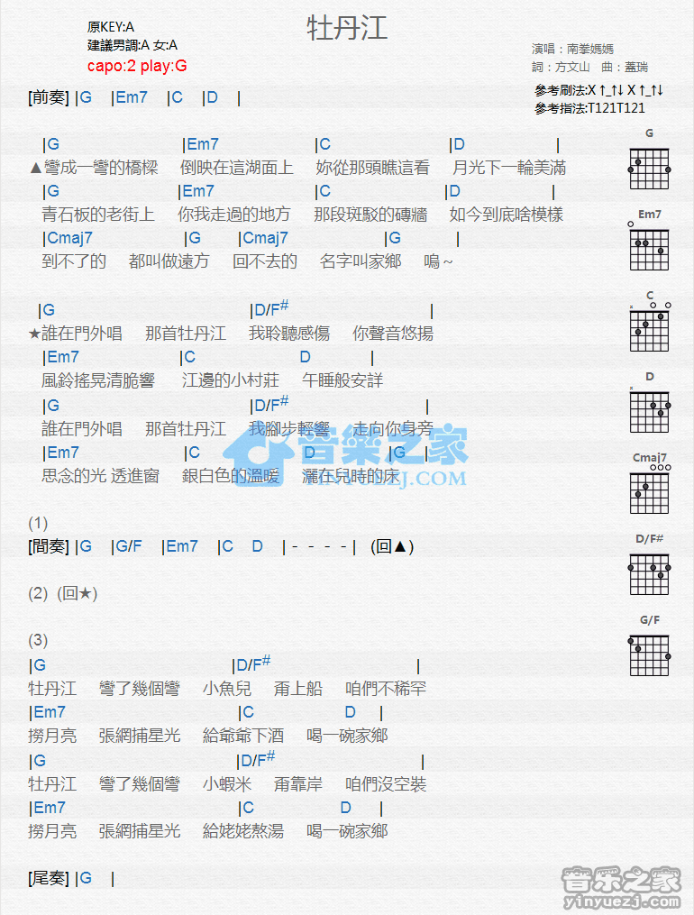 《牡丹江吉他谱》_南拳妈妈_G调_吉他图片谱1张 图1