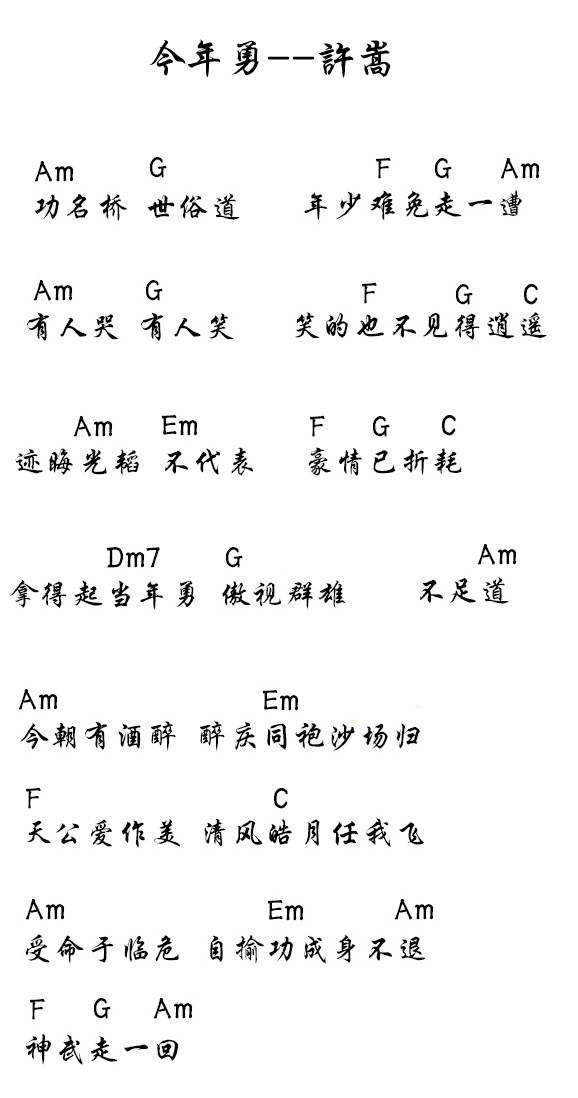 《今年勇吉他谱》_许嵩_C调_吉他图片谱1张 图1