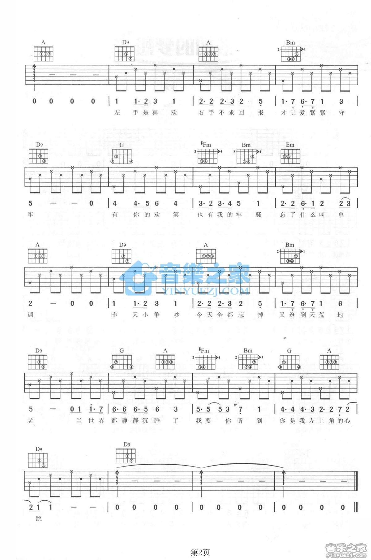 《左上角的心跳吉他谱》_范玮琪_D调_吉他图片谱2张 图2