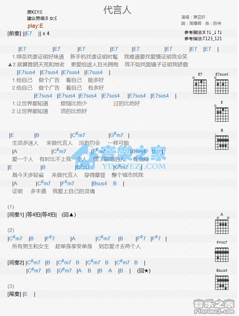 《代言人吉他谱》_萧亚轩_E调_吉他图片谱1张 图1