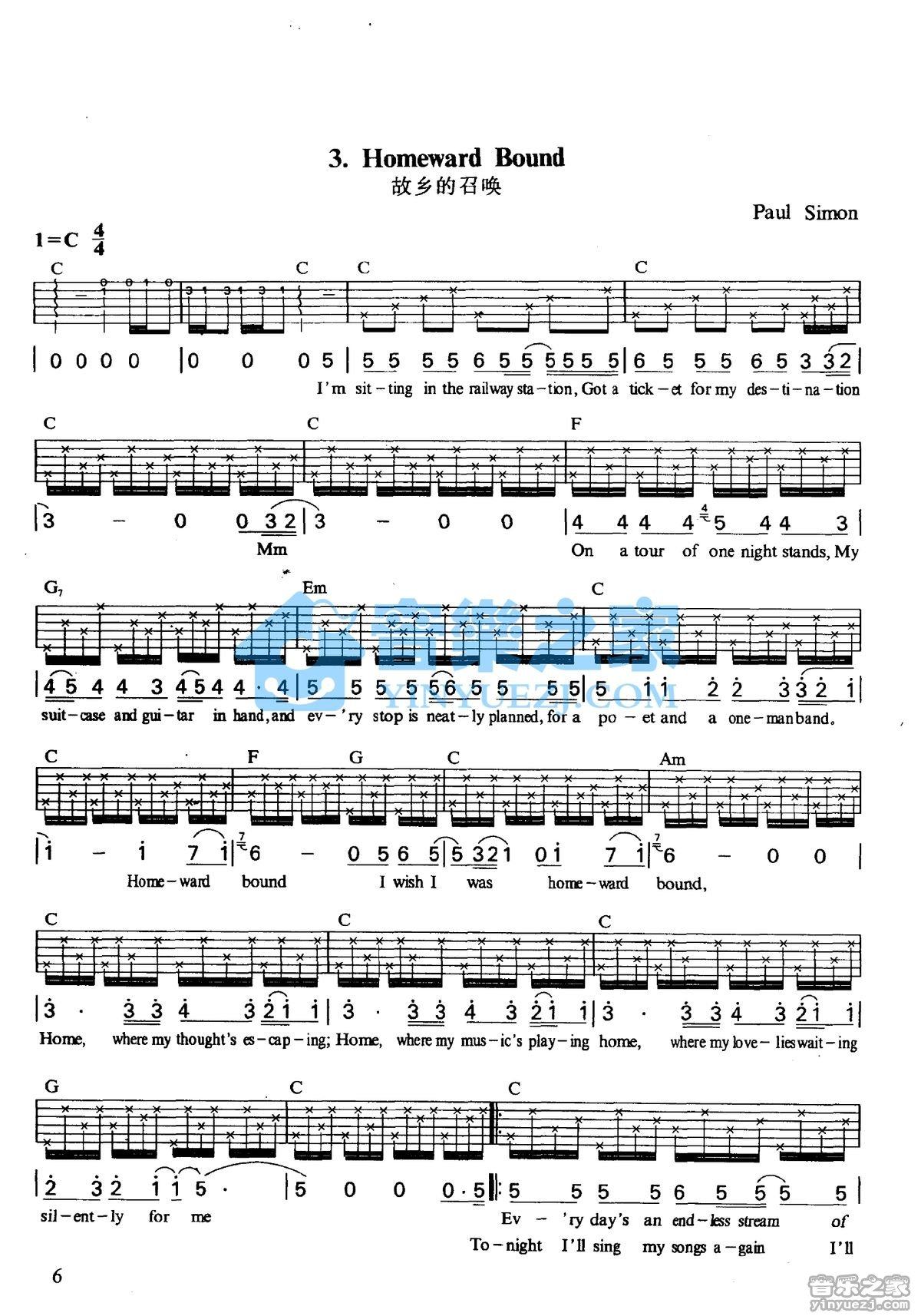 《Homeward Bound吉他谱》_paul simon_C调_吉他图片谱2张 图1