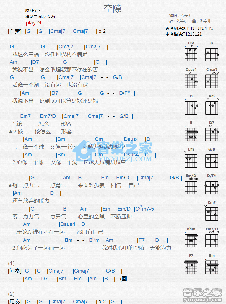 《空隙吉他谱》_岑宁儿_G调_吉他图片谱1张 图1