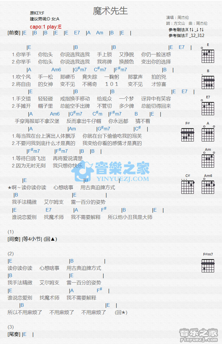 《魔术先生吉他谱》_周杰伦_E调_吉他图片谱1张 图1