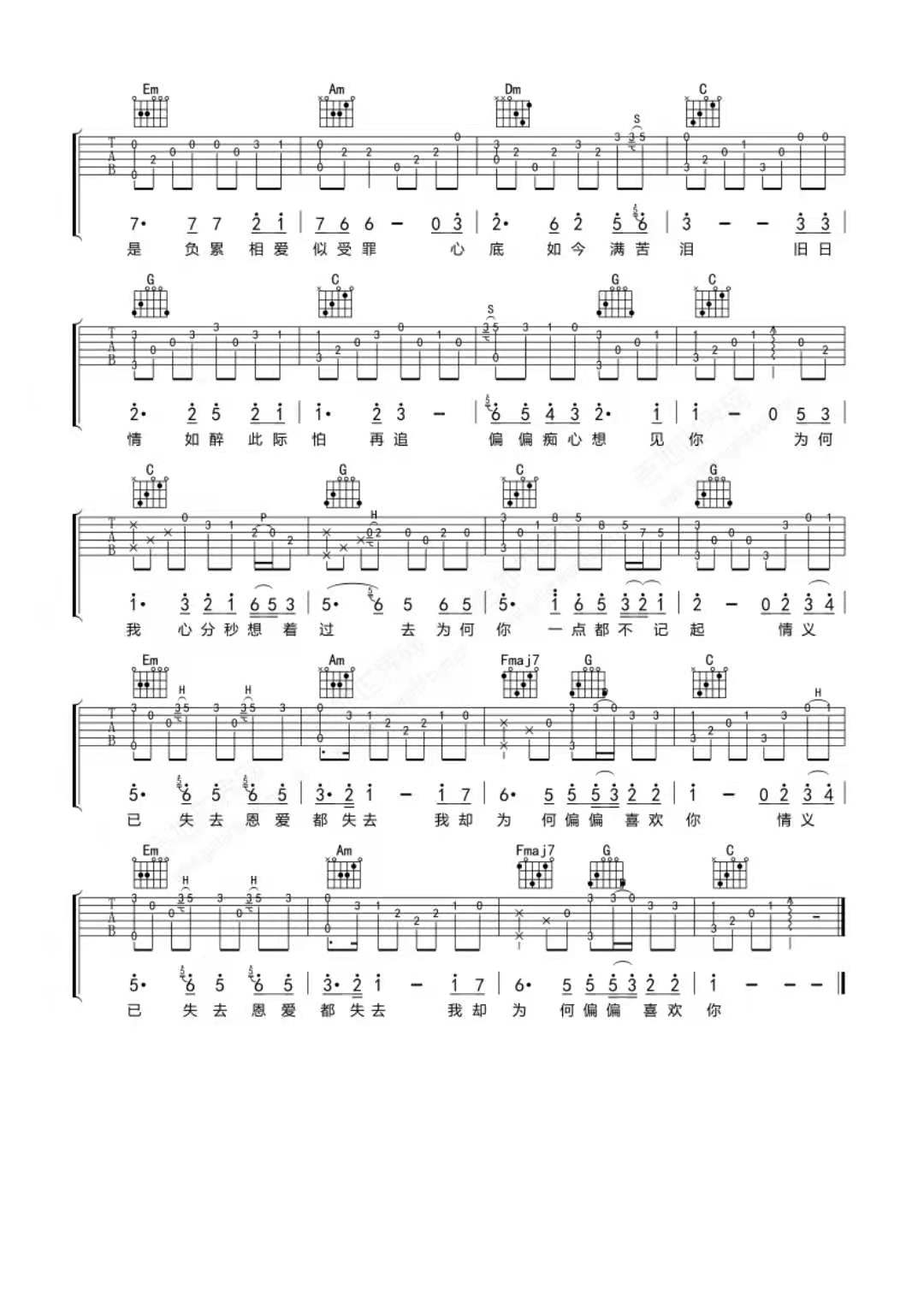 《偏偏喜欢你吉他谱》_陈百强_C调_吉他图片谱2张 图2
