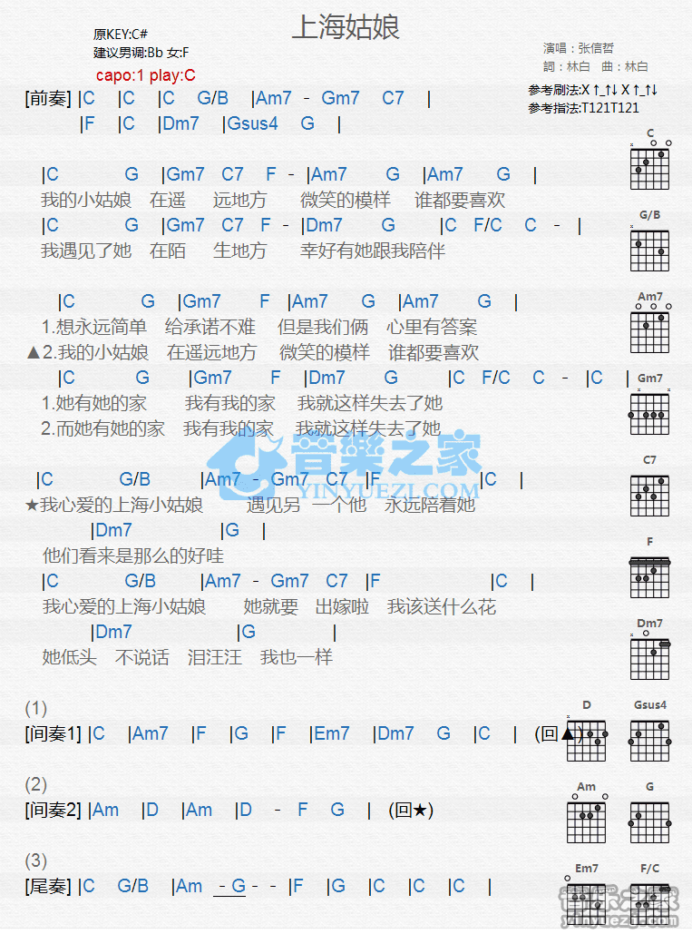 《上海姑娘吉他谱》_张信哲_C调_吉他图片谱1张 图1