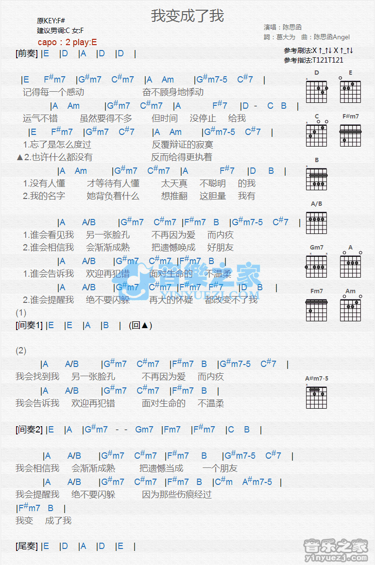 《我变成了我吉他谱》_陈思函_E调_吉他图片谱1张 图1